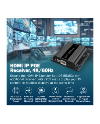 digitus Przedłużacz (extender) po skrętce kat.6 HDMI 4K/60Hz przez IP 1G lub do 120m/200m z PoE - dodatkowy odbiornik do DS-55353 nr 1