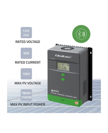 qoltec Solarny regulator ładowania MPPT z czujnikiem temperatury 60A |  12V/24V | LCD | Bluetooth | APP | GEL | LiFePO4 nr 1