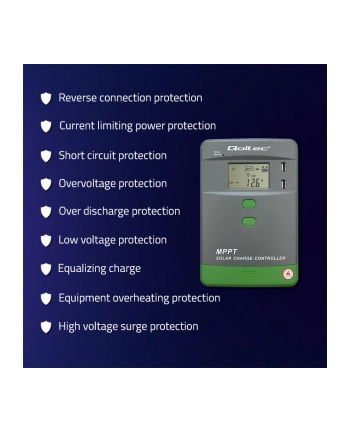 qoltec Solarny regulator ładowania MPPT z czujnikiem temperatury 10A |  12V/24V | LCD | 2xUSB | Bluetooth | APP | GEL | LiFePO4 nr 2
