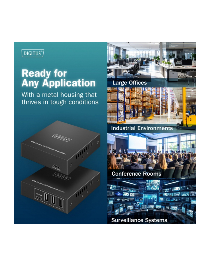 digitus Przedłużacz (extender) po skrętce kat.6A  USB 3.1 Gen1 do 100m, 3x USB-A, 1x USB-C do 5 Gbps, 1x RJ45 (Gigabit Ethernet) - zestaw (odbiornik/nadajnik) główny
