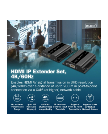 digitus Przedłużacz (extender) po skrętce kat.6 HDMI 4K/60Hz przez IP 1G lub do 120m/200m, max. 253 odbiorniki, sterowanie IR - zestaw (odbiornik/nadajnik)