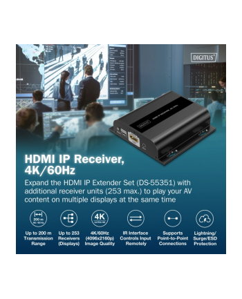 digitus Przedłużacz (extender) po skrętce kat.6 HDMI 4K/60Hz przez IP 1G lub do 120m/200m - dodatkowy odbiornik do DS-55351
