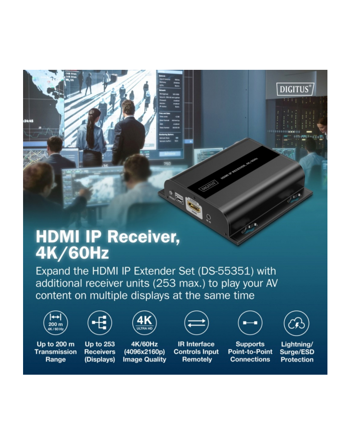 digitus Przedłużacz (extender) po skrętce kat.6 HDMI 4K/60Hz przez IP 1G lub do 120m/200m - dodatkowy odbiornik do DS-55351 główny