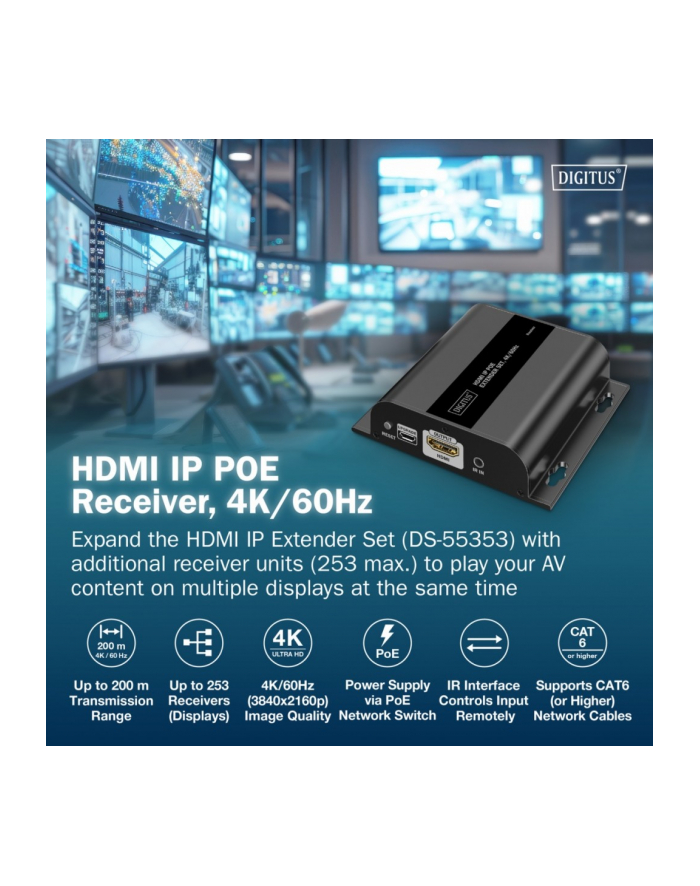 digitus Przedłużacz (extender) po skrętce kat.6 HDMI 4K/60Hz przez IP 1G lub do 120m/200m z PoE - dodatkowy odbiornik do DS-55353 główny