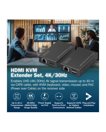 digitus Przedłużacz (extender) po skrętce kat.6 HDMI 4K/30Hz z KVM USB 1.1 do 40m/70m, max. 253 odbiorniki, sterowanie IR - zestaw (odbiornik/nadajnik)