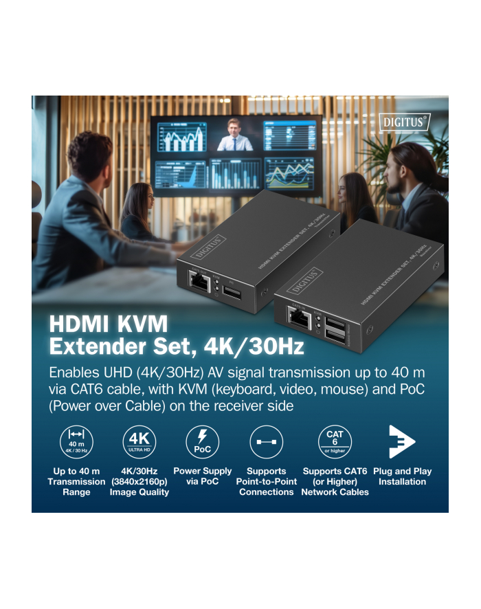 digitus Przedłużacz (extender) po skrętce kat.6 HDMI 4K/30Hz z KVM USB 1.1 do 40m/70m, max. 253 odbiorniki, sterowanie IR - zestaw (odbiornik/nadajnik) główny