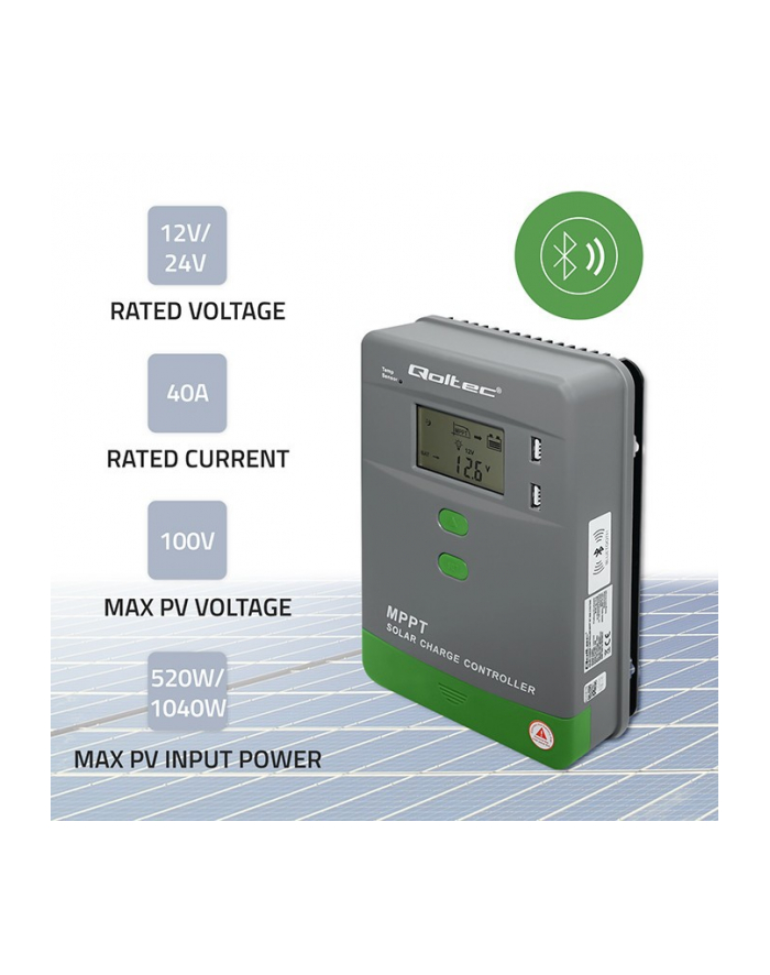 qoltec Solarny regulator ładowania MPPT z czujnikiem temperatury 40A |  12V/24V | LCD | 2xUSB | Bluetooth | APP | GEL | LiFePO4 główny
