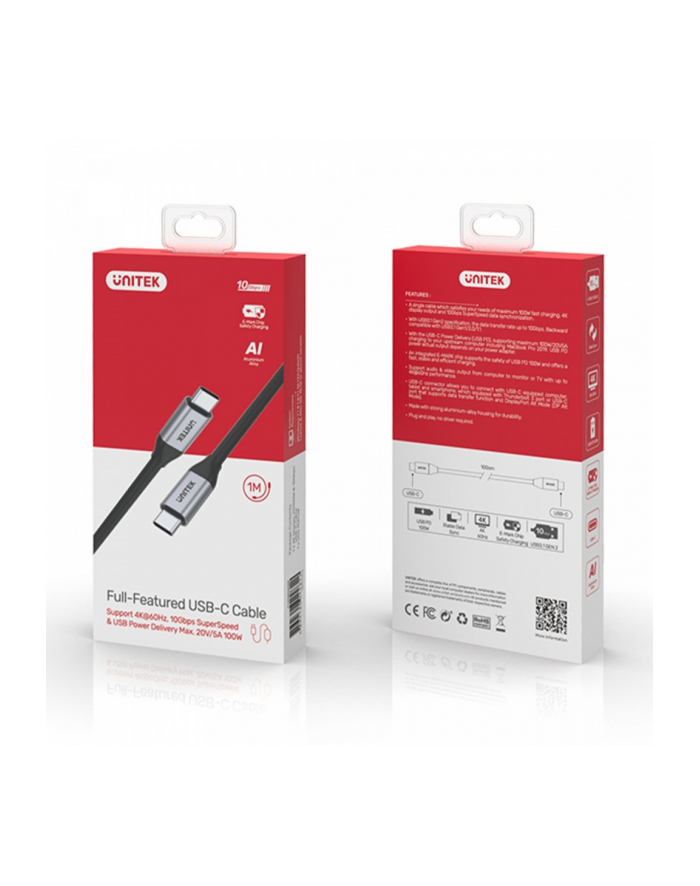 unitek Kabel USB-C - USB-C PD, 10Gbps, 4K60Hz, 1m, M/M, C14082ABK główny