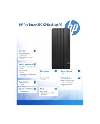 hp inc. Komputer Pro Tower 290 G9 i3-14100 512GB/8GB/W11P       B6ZA9ET nr 1