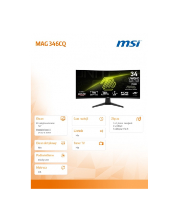 msi Monitor MAG 346CQ 34 cale/LED/UWQHD/Curved/180Hz/czarny nr 1