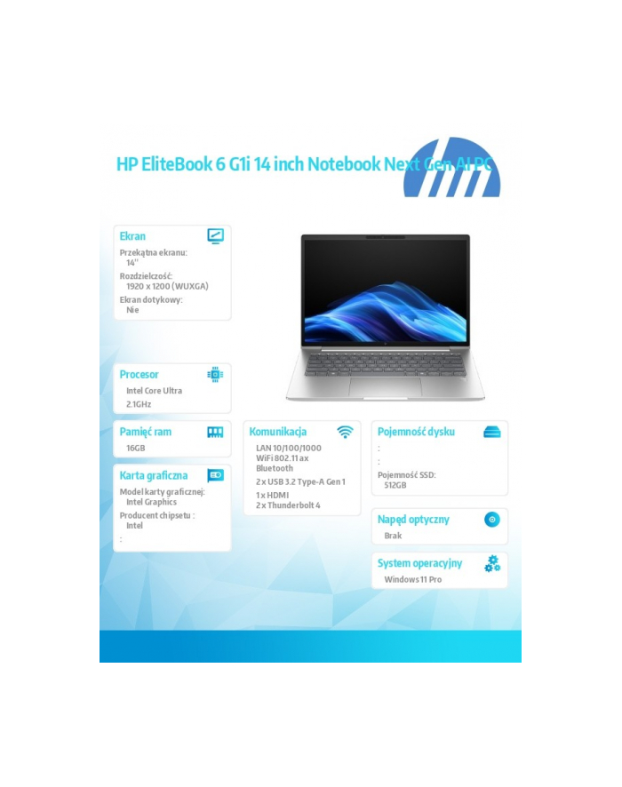 hp inc. Notebook EliteBook 6 G1i  U7-265U 512GB/16GB/W11P/14.0   C51GBET główny