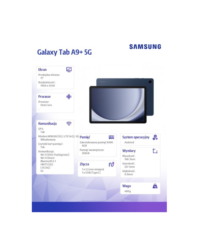 samsung Tablet Galaxy Tab A9+ Rework 11' 5G 8/256GB Granatowy główny