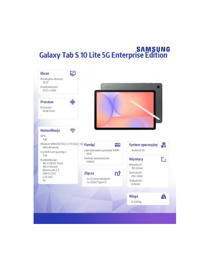 samsung Tablet Galaxy Tab S 10 Lite X400 10.9 cala 5G 6/128GB Enterprise Edition szary główny
