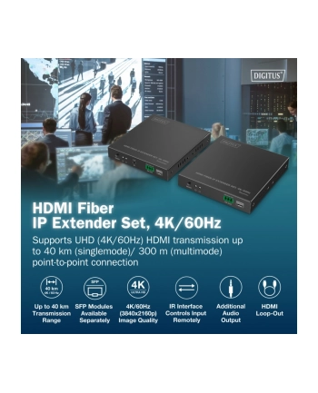 digitus Przedłużacz (extender) światłowodowy HDMI 4K/60Hz przez IP 1G lub do 40km/300m, HDMI Loop-Out, sterowanie IR - zestaw (odbiornik/nadajnik)