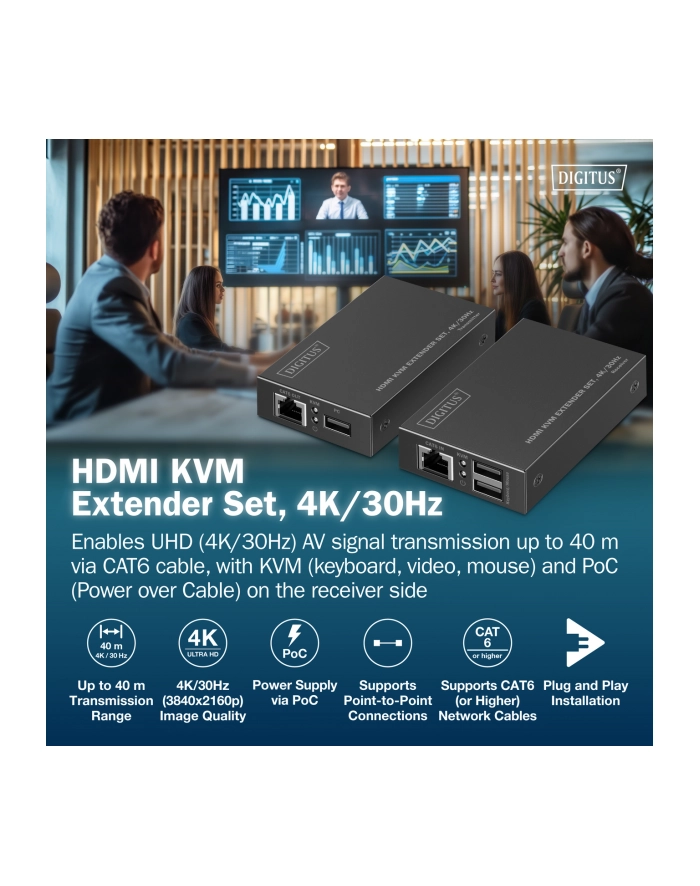digitus Przedłużacz (extender) po skrętce kat.6 HDMI 4K/30Hz z KVM USB 1.1 do 40m/70m, max. 253 odbiorniki, sterowanie IR - zestaw (odbiornik/nadajnik) główny