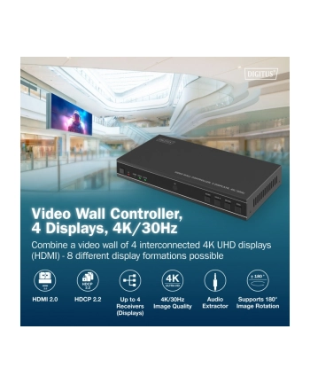 digitus Kontroler ściany wideo 1xHDMI/USB-C (DP 1.2a) do 4xHDMI 4K/30Hz, USB-C, Audio 3.5mm, S/PDIF, RS232, sterowanie IR, 8 formatów wyświetlania