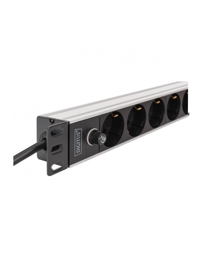 digitus Listwa zasilająca PDU Rack 19' z bezpiecznikiem przeciążeniowym, 9 gniazd Schuko CEE 7/3 (45 stopni ), kabel 2m wtyk IEC C14, 10A, aluminiowa główny