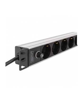 digitus Listwa zasilająca PDU Rack 19' z bezpiecznikiem przeciążeniowym, 9 gniazd Schuko CEE 7/3 (45 stopni ), kabel 2m wtyk IEC C14, 10A, aluminiowa