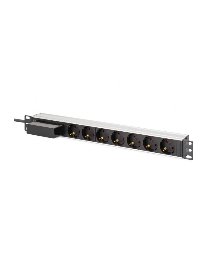 digitus Listwa zasilająca PDU Rack 19' z wyłącznikiem nadprądowym Typ C 16A, 7 gniazd Schuko CEE 7/3 (45 stopni ), kabel 1,8m wtyk Unischuko CEE 7/7, 16A, aluminiowa główny