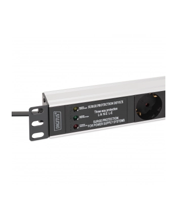 digitus Listwa zasilająca PDU Rack 19' z zabezpieczeniem przeciwprzepięciowym + filtr EMI/RFI, 7 gniazd Schuko CEE 7/3, kabel 2m, wtyk Unischuko CEE 7/7, 16A,