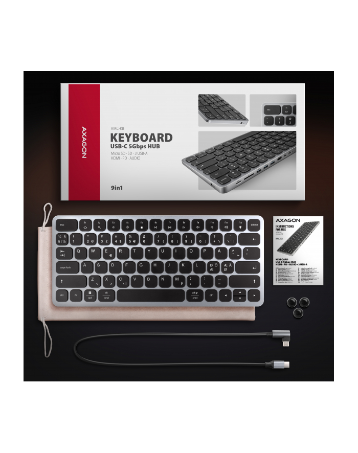 axagon Klawiatura HMC-KB-NRD USB-C 5Gbps z wieloportowy hub 9in1, SD/microSD, 3x USB-A, HDMI 4K/60Hz, PD 100W, Audio, Nordic layout, 60cm USB-C kabel główny