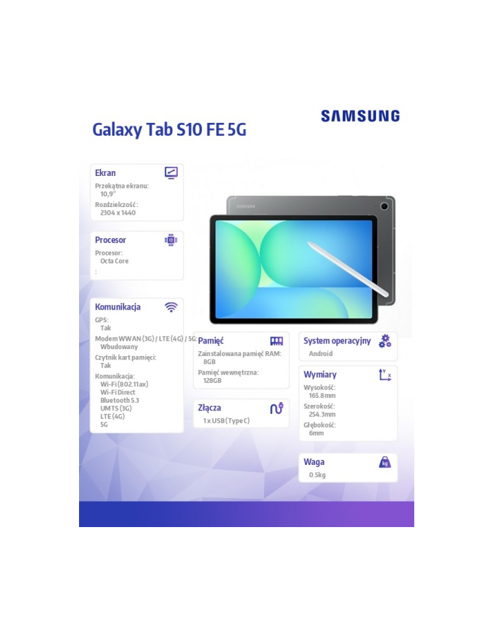 samsung Tablet Galaxy Tab S10 FE X526 10.9 cala 5G 12/256GB szary główny