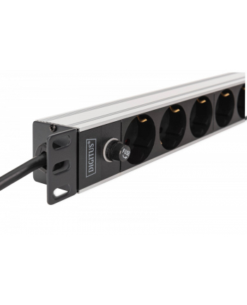 digitus Listwa zasilająca PDU Rack 19' z bezpiecznikiem przeciążeniowym, 9 gniazd Schuko CEE 7/3 (45 stopni ), kabel 2m wtyk IEC C14, 10A, aluminiowa