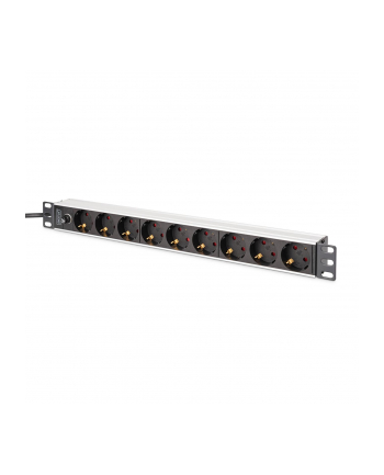 digitus Listwa zasilająca PDU Rack 19' z bezpiecznikiem przeciążeniowym, 9 gniazd Schuko CEE 7/3 (45 stopni ), kabel 2m wtyk IEC C14, 10A, aluminiowa