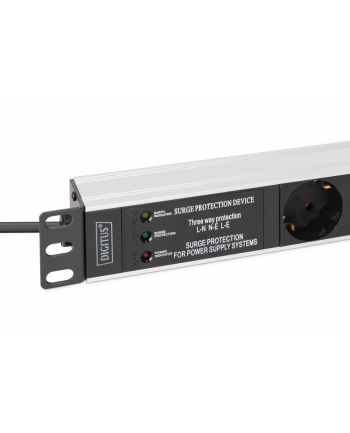 digitus Listwa zasilająca PDU Rack 19' z zabezpieczeniem przeciwprzepięciowym + filtr EMI/RFI, 7 gniazd Schuko CEE 7/3, kabel 2m, wtyk Unischuko CEE 7/7, 16A,