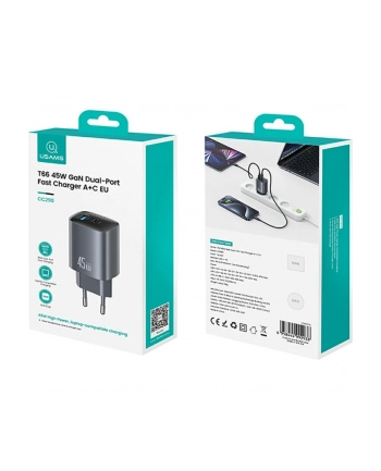 usams Ładowarka sieciowa T66 45W GaN CC290 USB-A + USB-C Fast charge