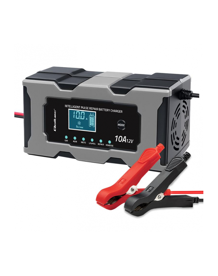 qoltec Mikroprocesorowa ładowarka 12V 10A | Prostownik z funkcją naprawy do akumulatora AGM GEL LiFePO4 | LCD główny