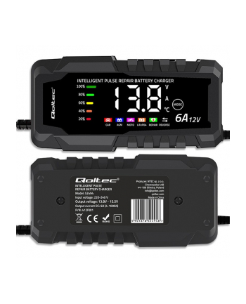 qoltec Mikroprocesorowa ładowarka 12V 6A | Prostownik z funkcją naprawy do akumulatora AGM GEL LiFePO4 | LCD nr 2