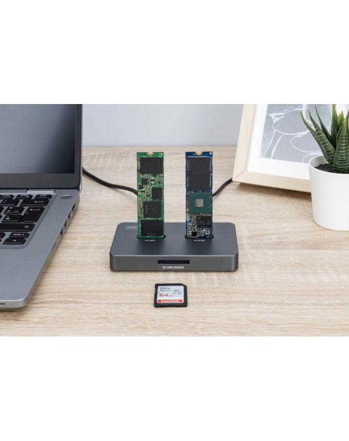digitus Stacja dokująca USB-C 3.2 Gen2 dla dysków SSD M.2 Duo NVMe oraz SATA (max. 2x 4 TB) z czytnikiem kart SD-Express 7.1 (max. 2 TB), czarna główny
