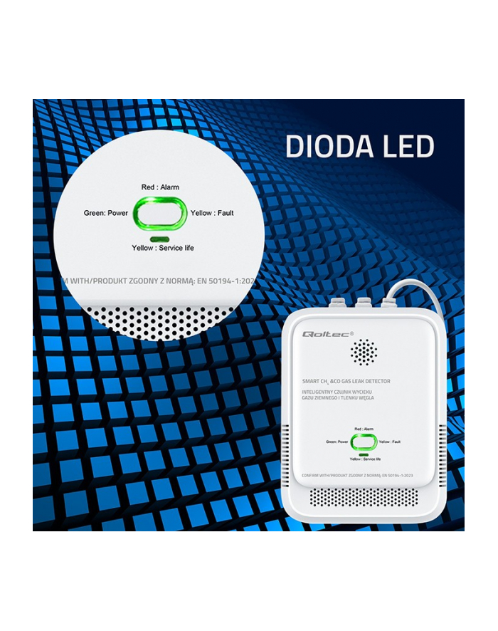 qoltec Czujnik wycieku gazu i tlenku węgla | alarm 85dB | LED główny