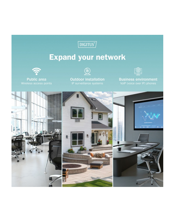 digitus Zasilacz/Adapter PoE+ 802.3at aktywny max. 55V 30W 10/100/1000Mbps, transmisja do 100m główny