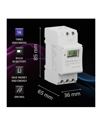 qoltec Elektroniczny programator czasowy TIMER na szynę DIN z wbudowanš bateriš | harmonogram 7 dni | 16 programów