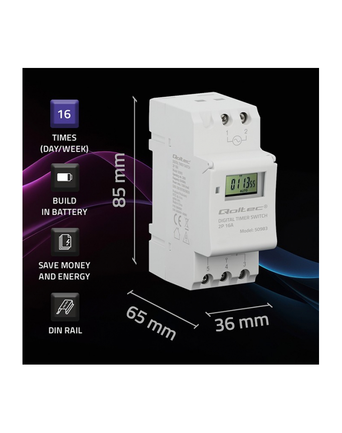 qoltec Elektroniczny programator czasowy TIMER na szynę DIN z wbudowanš bateriš | harmonogram 7 dni | 16 programów główny