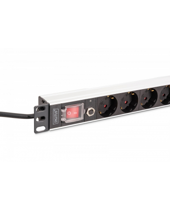 digitus Listwa zasilająca PDU Rack 19' z zabezpieczeniem przeciążeniowym, 8 gniazd Schuko CEE 7/3 (45 stopni ), kabel 2m wtyk Unischuko, 16A, aluminiowa