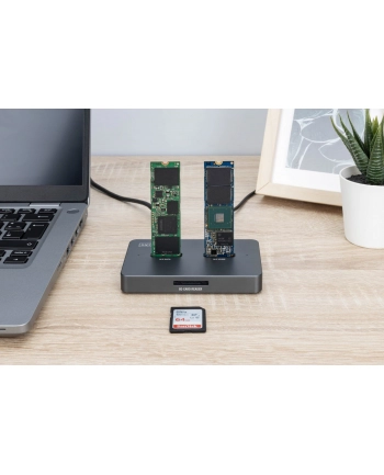 digitus Stacja dokująca USB-C 3.2 Gen2 dla dysków SSD M.2 Duo NVMe oraz SATA (max. 2x 4 TB) z czytnikiem kart SD-Express 7.1 (max. 2 TB), czarna