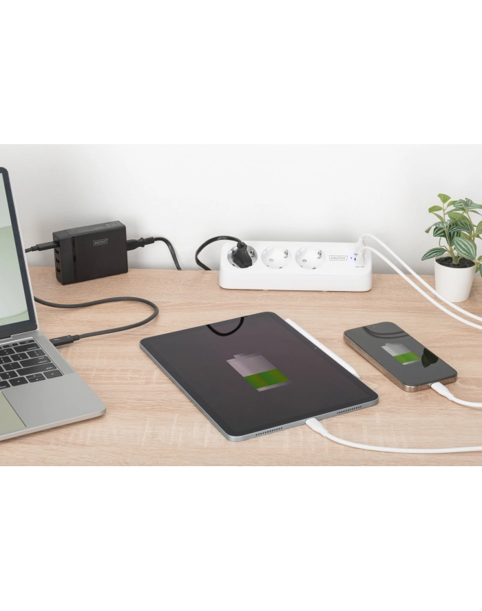 digitus Listwa zasilająca biurkowa, 3 gniazda Schuko, 2x USB-A (2x 12W), 1x USB-C (30W) z zaciskiem na blat, kabel 1,5m, biała główny
