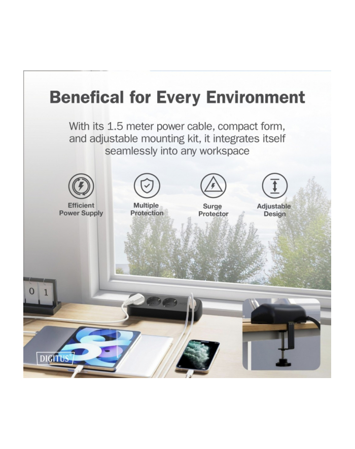 digitus Listwa zasilająca biurkowa, 3 gniazda Schuko, 2x USB-A (2x 12W), 1x USB-C (30W) z zaciskiem na blat, kabel 1,5m, czarna główny