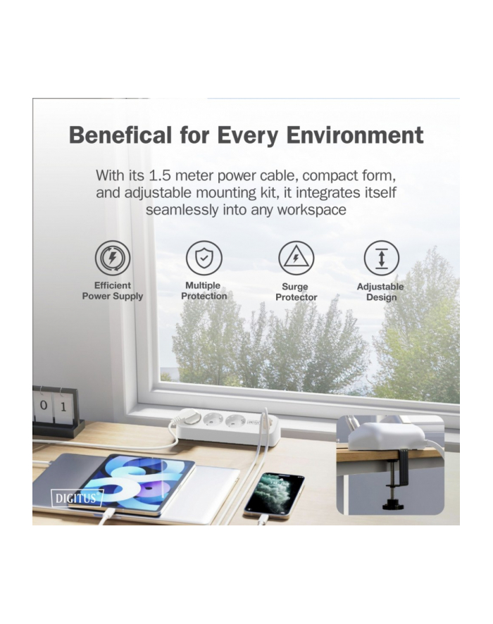 digitus Listwa zasilająca biurkowa, 3 gniazda Schuko, 2x USB-A (2x 12W), 1x USB-C (30W) z zaciskiem na blat, kabel 1,5m, biała główny