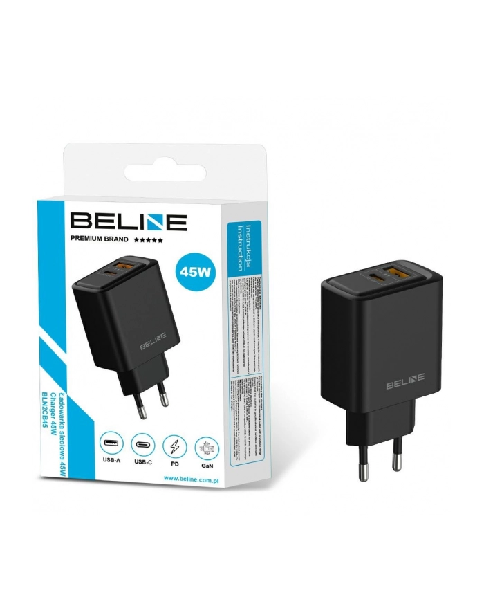 Ładowarka sieciowa Beline 45W 1xUSB-C + 1xUSB GaN PD 3.0 QC 3.0 bez kabla - czarna główny