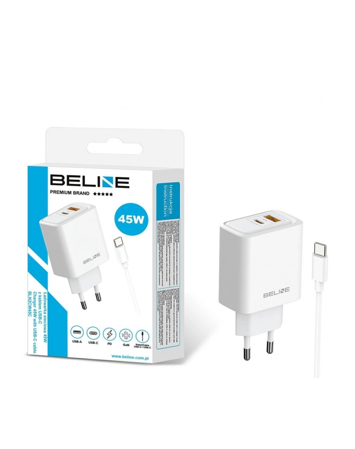 Ładowarka sieciowa Beline 45W 1xUSB-C + 1xUSB GaN PD 3.0 QC 3.0 + kabel USB-C/USB-C - biała główny