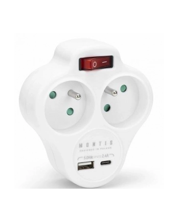 Rozgałęźnik sieciowy podwójny z wyłącznikiem + USB-A + USB-C MONTIS MT144-WH biały