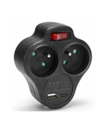Rozgałęźnik sieciowy podwójny z wyłącznikiem + USB-A + USB-C MONTIS MT144-BK czarny nr 1