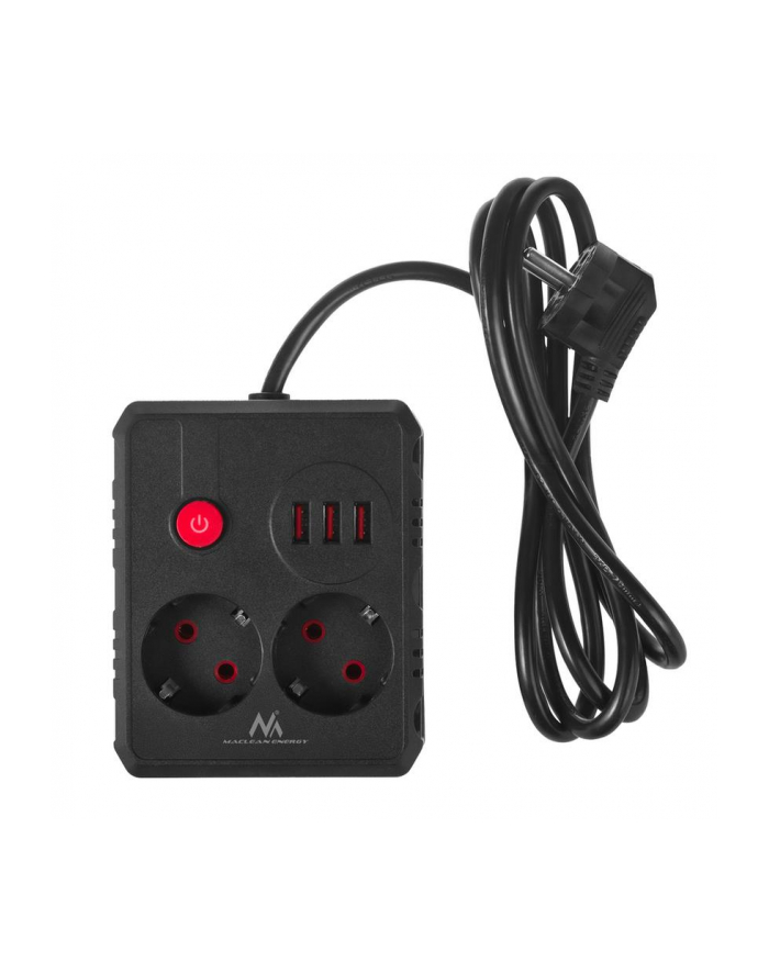 Listwa zasilająca Maclean MCE387 B, przedłużacz 2 gniazda + 3xUSB, 110-240V AC 50/60Hz, 2.1A max 2500W, 1.5m, czarna główny