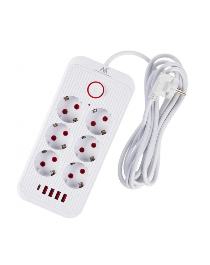 Listwa zasilająca Maclean MCE391 W, przedłużacz 6 gniazd + 4xUSB + USB-C, 110-240V AC 50/60Hz, 2.1A max 2500W, 3m, biała główny
