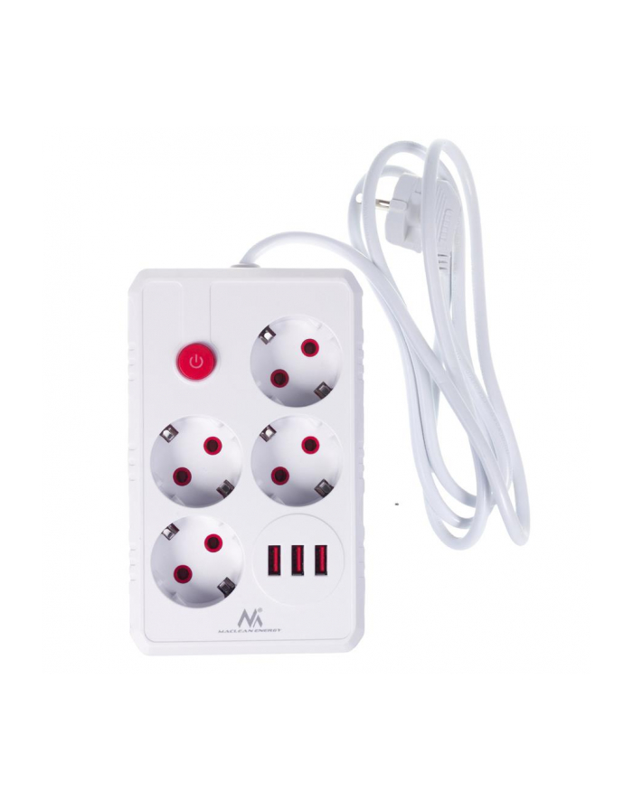 Listwa zasilająca Maclean MCE392 W, przedłużacz 4 gniazda + 3xUSB, 110-240V AC 50/60Hz, 2.1A max 2500W, 1,5m, biała główny