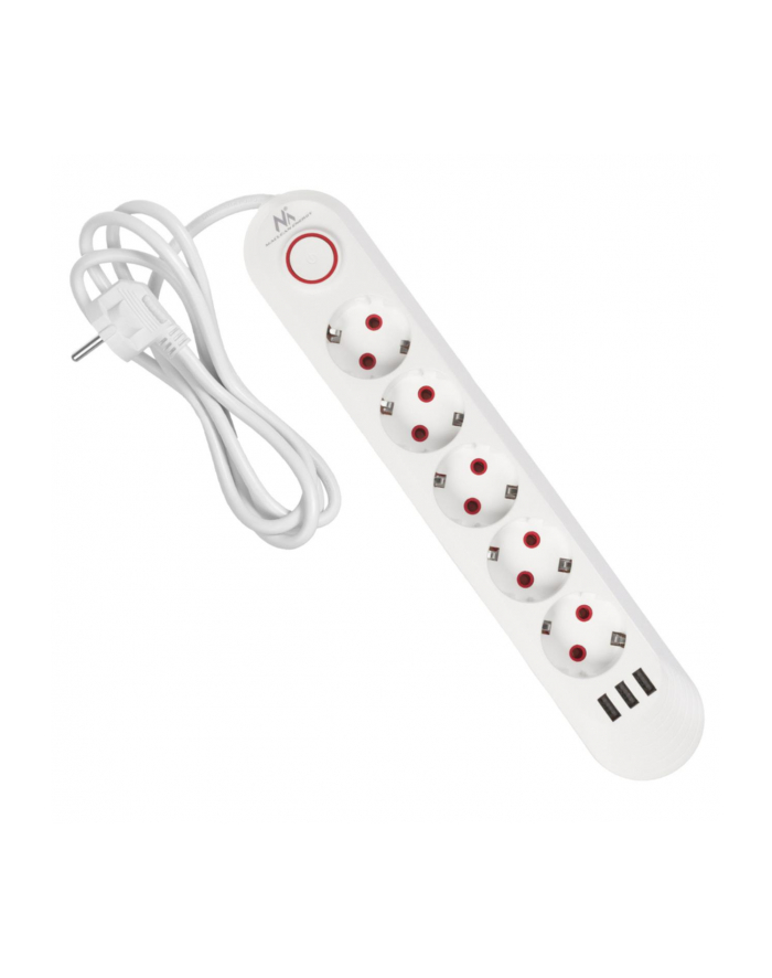 Listwa zasilająca Maclean MCE395 W, przedłużacz 5 gniazd + 3xUSB, 110-240V AC 50/60Hz, 2.1A max 2500W, 1,5m, biała główny